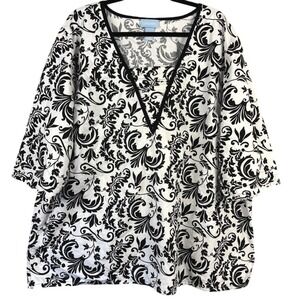 Liz‎ & Me Tunic Top Women's Size 3X Black White Damask Beaded Cotton 26/28W